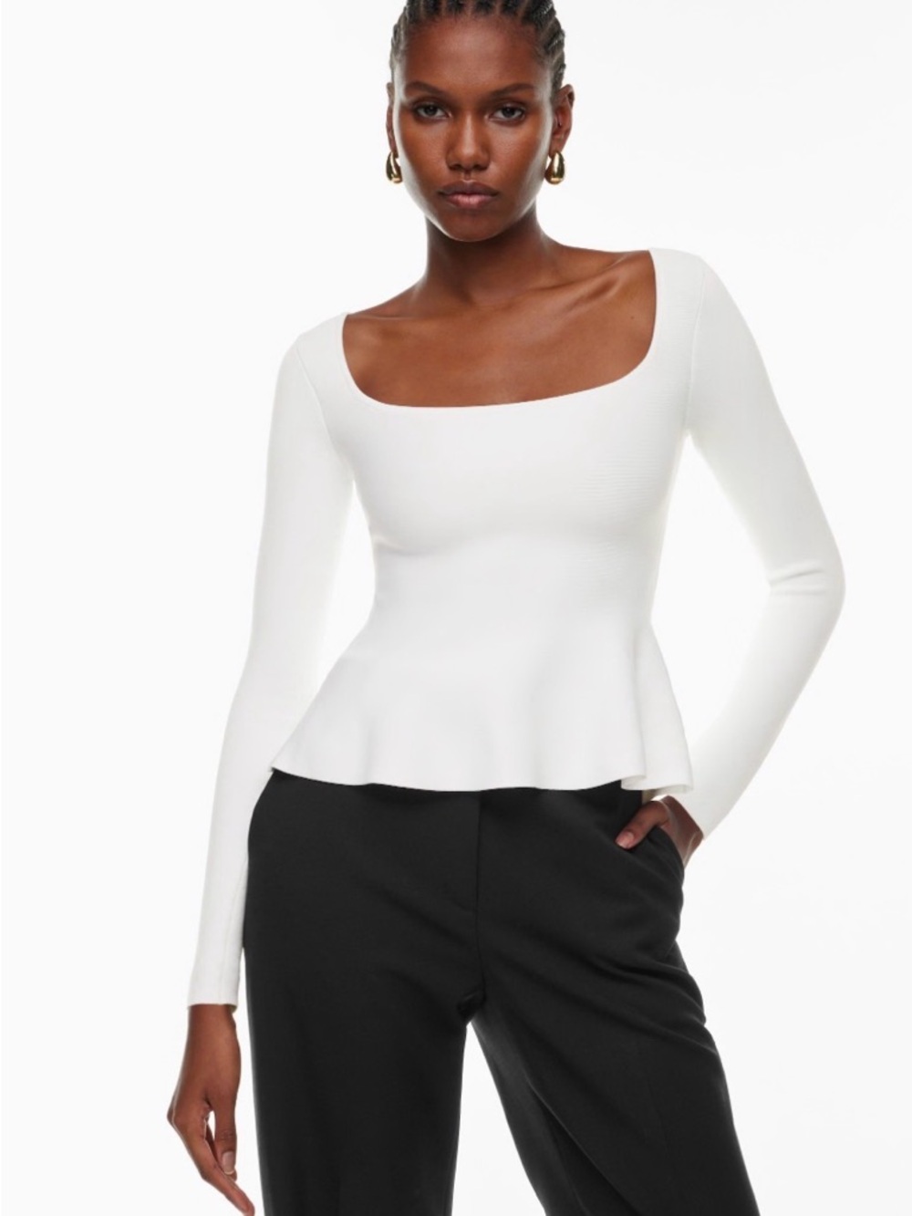 Aritzia Babaton Sculpt Knit Pouf Square-Neck Peplum Long-Sleeve Top